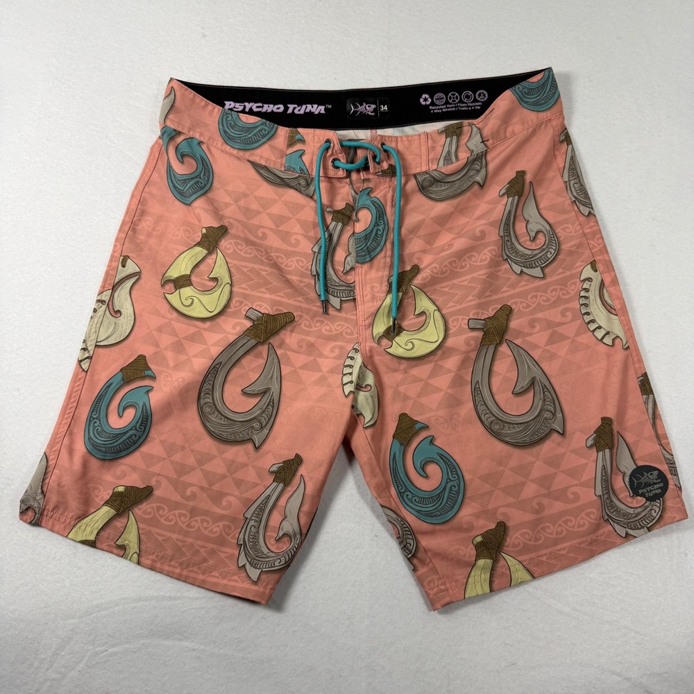 Psycho Tuna Board Swim Shorts Mens 34 Pink Fish Hook Polynesian Summer Trunks